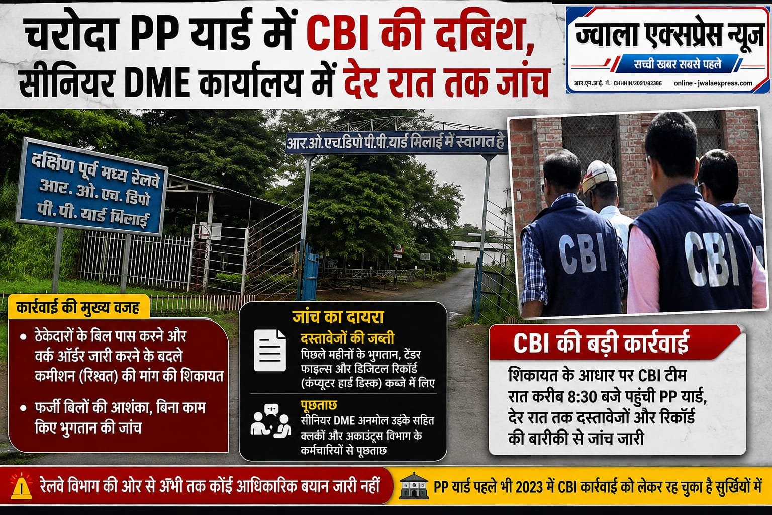 चरोदा PP यार्ड में CBI की दबिश, सीनियर DME कार्यालय में देर रात तक जांच
